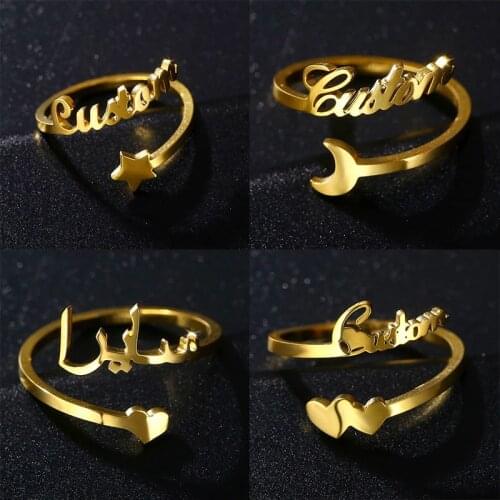 Custom Personalized Fashion Arabic Name Ring Stainless Steel Customized Adjustable Charms Heart Rings for Women Wedding Jewelry