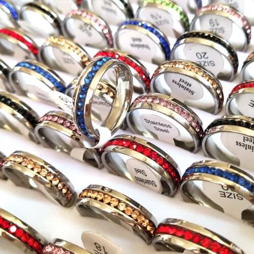 Bulk lot 100pcs Hot Sell Promised Ring Colorful 316L Stainless Steel Engagement Rings Titanium Steel Zircon CZ Rings Wholesale
