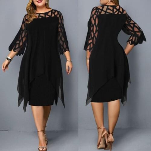 L-5XL Plus size Women Sexy perspective Mesh Three Quarter Sleeve Chiffon Hollow Out O-Neck Double Dress Skirt женское платье