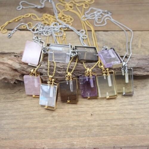 Natural Crystal Rotatable Rectangle Perfume Bottle Pendants Rose/Smoky Quartzs Essential Oil Vial Charms Necklace Jewelry QC1074