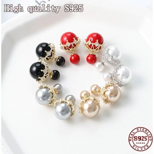 High Quality Simple Personality Front and Rear Pearl Earrings Ball Back Hanging Lace Crystal S925 Silver Needle Womens Earrings