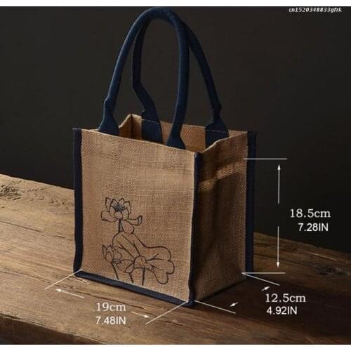 Jute Burlap Tote Printing Lotus Large Reusable Grocery Bags with Handles Women Shopping Bag Beach Travel Storage Organizer Hot