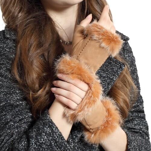 Woman Sheepskin Suede Half Finger Real Leather Cute Rabbit Hair Winter Warm Semi-Finger Gloves Female Fingerless Mittens 3863-A