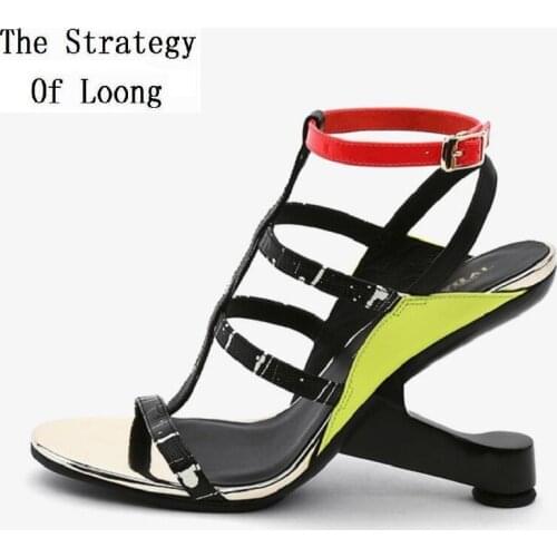 Summer New Sexy Metal Strange Heels Peep Toe Cut Out Bling Buckle Mixed Colors Genuine Leather Women Fashion Gladiator Sandals