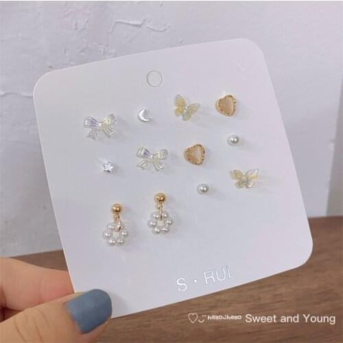 S925 Bowknot Opal Love Earrings Set Combination 2021 New Trendy Summer Earrings Female Fashion Cute Small Earrings