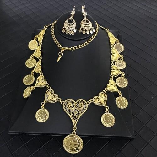 Dubai Gold Jewelry Sets for Women Coin Necklace and Earring Set European Fashion Hollow Flower Wedding Necklace Sets In Gold