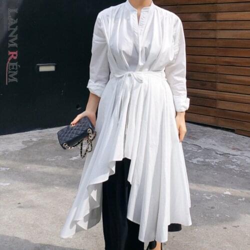 LANMREM Black White Stand Collar Long Sleeve Shirt Style Dresses For Women Autumn New Irregular Loose Casual Korean Clothes TV14