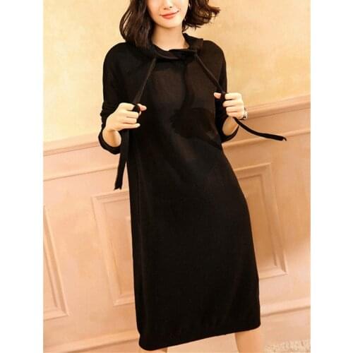 100%cashmere knit women fashion hooded H-straight long pullover sweater dress solid color S-L