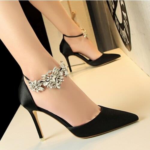 2021 high heels shoes pumps quality shoes flower crystal rhinestone satin wedding shoes woman pumps thin heel shoes ladies shoes