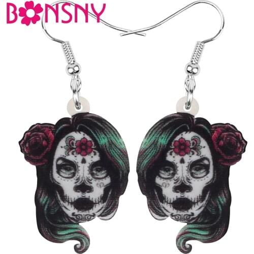 Bonsny Acrylic Halloween Evil Skull Earrings Realistic Long Dangle Drop Jewelry For Women Kid Retro Festival Gift Accessories