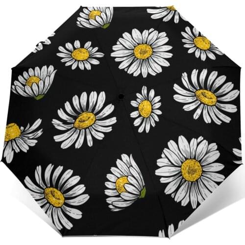 Automatic Umbrella Camomile Flower Vintage three-fold umbrella women men rain umbrella