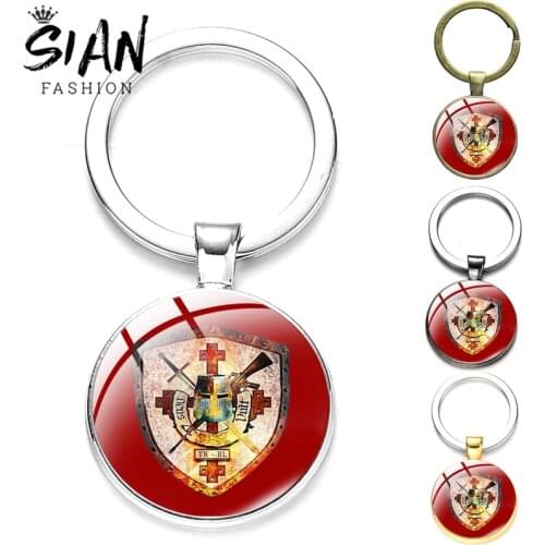 SIAN Key Chain Templar Cross Trendy Metal Round Key Chain Glass Cabochon Face Templar Knight New Key Ring for Boy Girls Jewelry