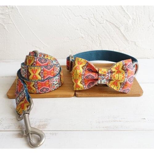 Bohemia Dog Collar with Bow Custom Engraving ID Dog Collar with Leash Set High Quality Silver Metal Buckle Pet Collar Leash Set