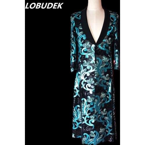 Flash Blue Sequins Long Coats Fashion Slim Trench Coat Men Customized Plus Size Outerwear Nightclub Bar Singer Host Show Costume