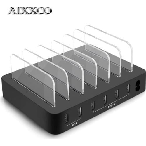 AIXXCO Multi-Port 6 Ports 10A USB Travel Wall Charger Desktop Quick Charging Station For iPhone 8 7 6S Samsung Tablet