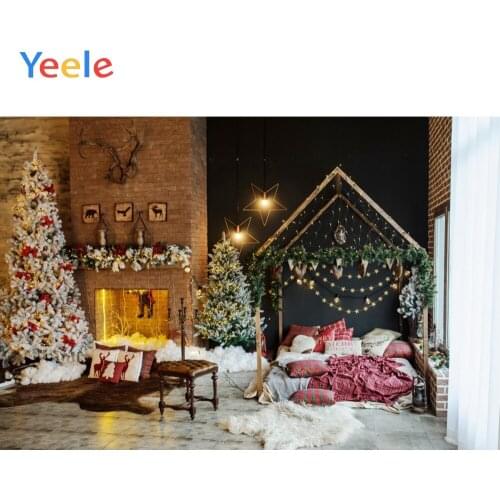 Christmas Tree Light Fireplace Bed Carpet Wood Floor Pink Backdrop Photography Custom Photographic Background For Photo Studio