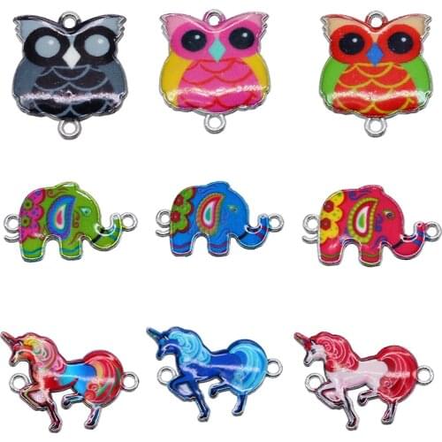5pcs Mixed Color Enamel Drop Oil Cute Owl Elephant Unicorn Charm Connector Womens Girl DIY Jewelry Making Bracelet Accessories