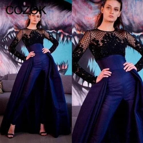 Royal Blue Jumpsuit Evening Dresses with Detachable Train Black Lace Long Sleeve Prom Gown with Pant Suit Vestido de fie