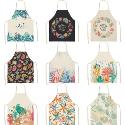 Women Men Kitchen Aprons Housewife Apron Waterproof Cooking oil-proof Cotton Sea Animal Linen Home Antifouling Chef 68*55 0067
