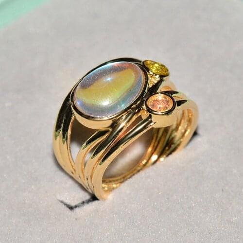 Fashion Cute Big Crystal Oval Moonstone Ring Yellow Gold Engagement Ring Vintage Party Wedding Rings For Women