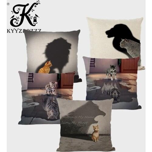Fashion Reflection Cat Animal Cushion Cover Lion Tiger Wolf Forest King Home Decoration Square Throw Pillow Case Emotional Text