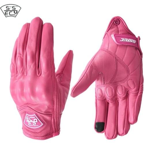 Motorcycle Women Riding Gloves Pink Genuine Leather Motocross Gloves Motorcyclist Touch Screen Wearable Motorbike Retro Gloves