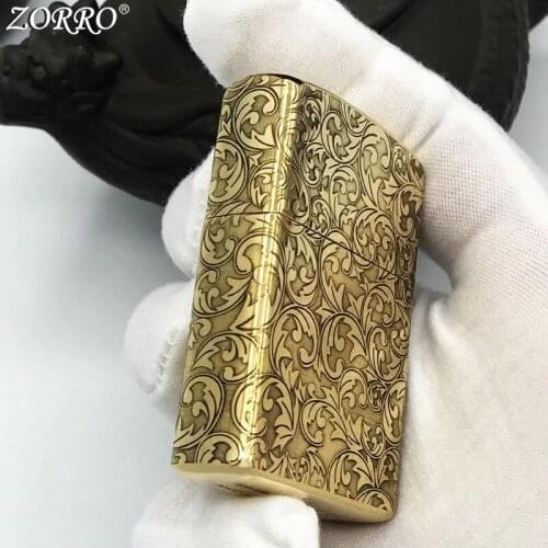 Original Zorro Kerosene Lighter Pure Copper Carving Classic Cross Tang Grass Pattern Business Gift Outside Ignition Tool