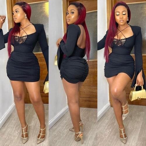 Echoine Autumn Cross Strap Sexy Skinny Bodycon Mini Dress Flare Sleeve Backless Black Dress Party Evening Party Vintage Vestidos