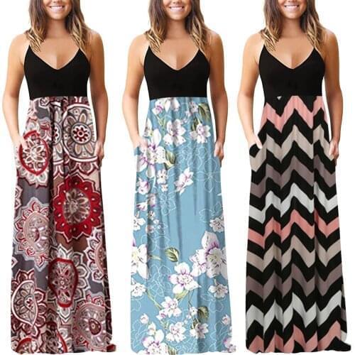 Dresses For Women Sleeveless Fashion Floral Print V-neck Maxi Dress Summer Party Cami Dress With Pockets Robe Longue Vestidos