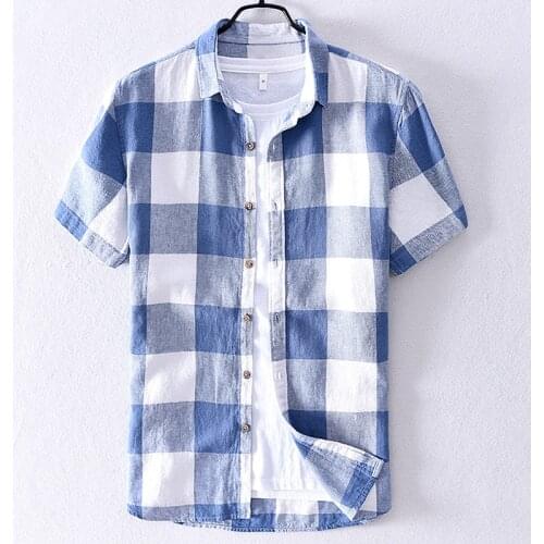 2019 Mens plaid linen short-sleeved shirt summer cotton shirt for men brand trend shirts men fashion casual shirts male chemise