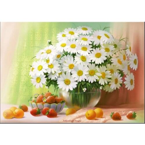 Counted Cross Stitch Kits Needlework Embroidery - 14 ct Aida DMC Color DIY Arts Handmade Home Decor - Daisies with Strawberries