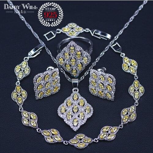 Israel style sparkling yellow white cubic zirconia silver color jewelry sets square bracelets pendants neckalce earrings ring