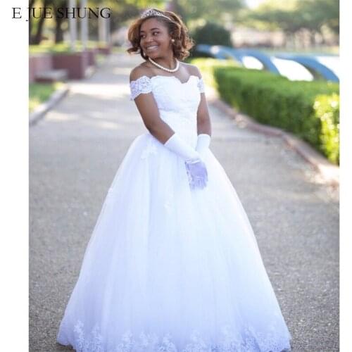 E JUE SHUNG vintage lace appliques off the shoulder Wedding Dresses lace up back Wedding Gowns Bride Dress robe de mariee