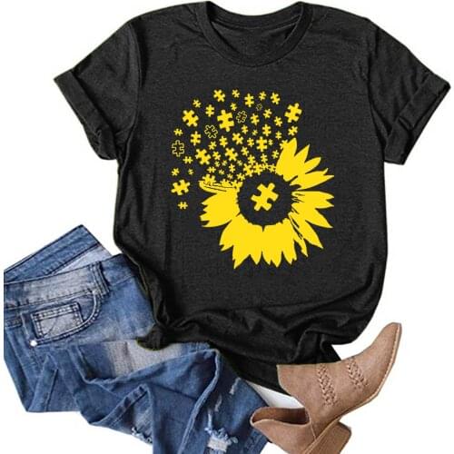 Women Casual Short Sleeve Round Neck Sunflower Splicing Printing T-Shirt Solid Color Blouse Top Daily All-match Girls T-shirt