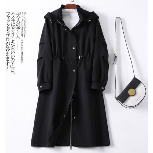 2021 Spring New Black Windbreaker Coat Womens Middle Length Over Knee Fashion British Style Hooded Spring and Autumn Coat