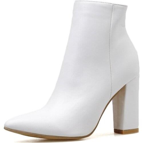 2021 New Autumn Women Mid Calf White Point Toe Boots High Heels Booties Womens Boots White for Ladies White Boots Booties Woman