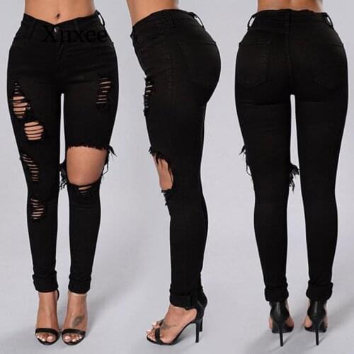 Long pants Women Ripped Jeans High Waist Big Hole Elastic Long Pencil Pants Tight Trousers Jeans Pantalones Vaqueros Mujer