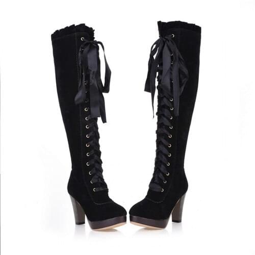PXELENA lace up round toe over the knee boots block heels ruffles designer platform vintage retro fashion 2015 new shoes women