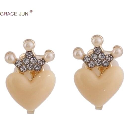 2018 New Arrival Small Heart Crown Shape Clip on Earrings No Pierced for Women Charm Gold Color Simulated Pearl No Hole Earrings