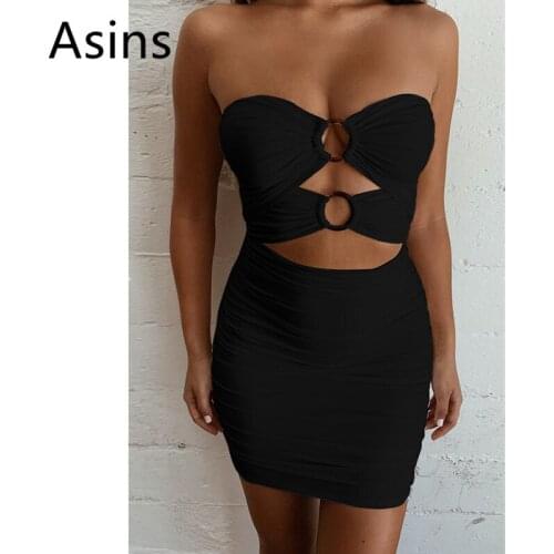 Asins dress women 2019 summer new hot casual fashion strapless high waist solid openwork sleeveless halter slim wild sexy dress