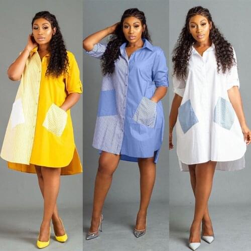 Single Breasted Loose Dress African Clothing Stripe Blouse Womens Summer New Casual Irregular Dress Long Sleeves Cardigan Shirt