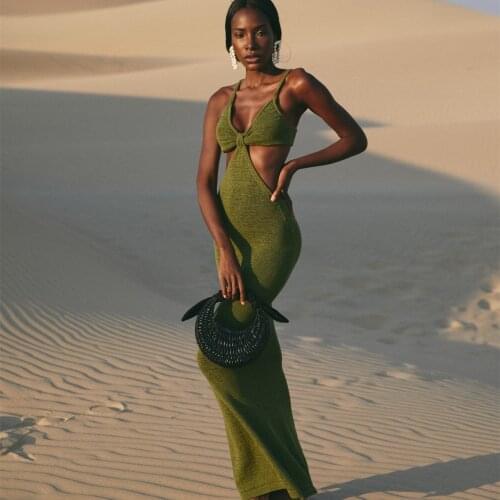 High Quality Autumn New Green Sexy Spaghetti Strap Sleeveless Hollow Out Ankle Length Bandage Dress Vintage Elegant Evening Part