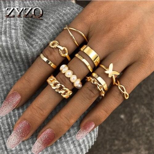 ZYZQ Hiphop Simple Design Gold Color Geometric Butterfly Finger Ring Set Multi layer Opening Knuckle Rings for Women Jewelry