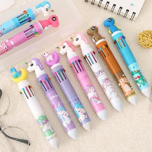 Cartoon Animals Multicolor Pen Unicorn Dinosaur Pig 10 In 1 Ballpoint Pens for Kids Girl Writing Marking Gifts Kawaii Stationery
