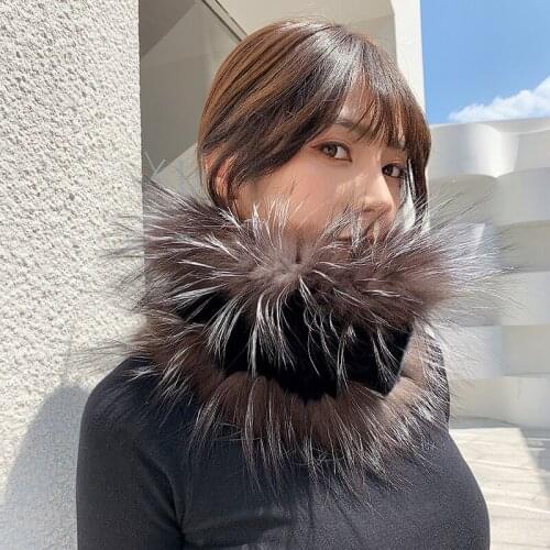 2020 Women Knitted Rex Rabbit Fur Scarves with Silver Fox Strips Real Raccoon Fur Mufflers Winter Warm Fur Wraps Elastic Rings