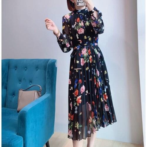 2021 New Spring Floral Print Pleated Midi Belted Dress Elegant Fashion XS-XXL