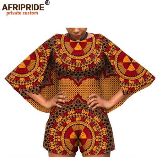 2020 African Fashion Playsuits for Women AFRIPRIDE Tailor Made Bazin Richi Cloak Sleeve Women Casual Cotton Playsuits A1929001