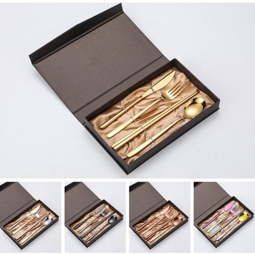 Knife + Fork + Spoon + Chopsticks Gift Box 4 Piece Creative Portable Stainless Steel Tableware Set Wholesale Gold Gift JU0248