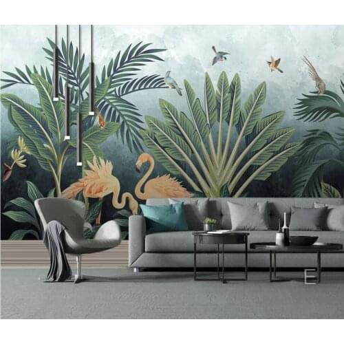 Customized large-scale 3D fresco medieval hand-painted tropical rainforest flamingo hd background wall decoration mural wallpape