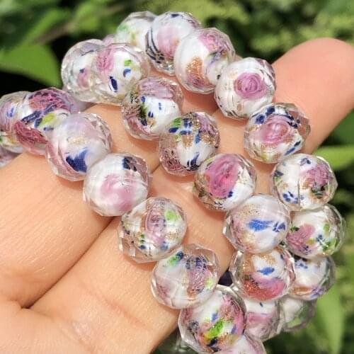 10mm Murano Transparent Faceted Rondelle White Flower Lampwork Crystal Glass Beads For Bracelet Making Women Diy Accessories